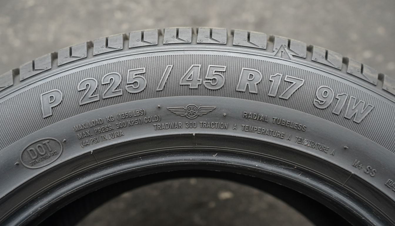 Check your sidewalls regularly for cracks or bulges that could lead to a blowout. Close up of a tire sidewall showing size markings and rubber condition details.