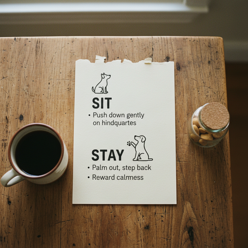 Keep a simple checklist or schedule visible to ensure the whole family stays consistent with training. A printed training cheat sheet on a wooden table next to a coffee mug and treat jar.