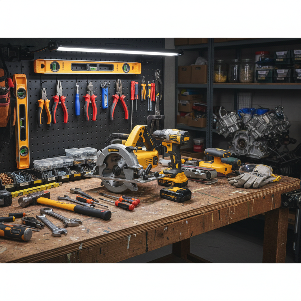Careful planning and equipment selection are key to avoiding common rental pitfalls. A variety of construction hand tools and power tools laid out on a professional workbench.