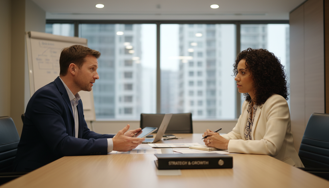 Consulting with an expert helps bridge the gap between clinical excellence and business growth. A consultant and a dental practice owner engaged in a professional discussion in a modern office.