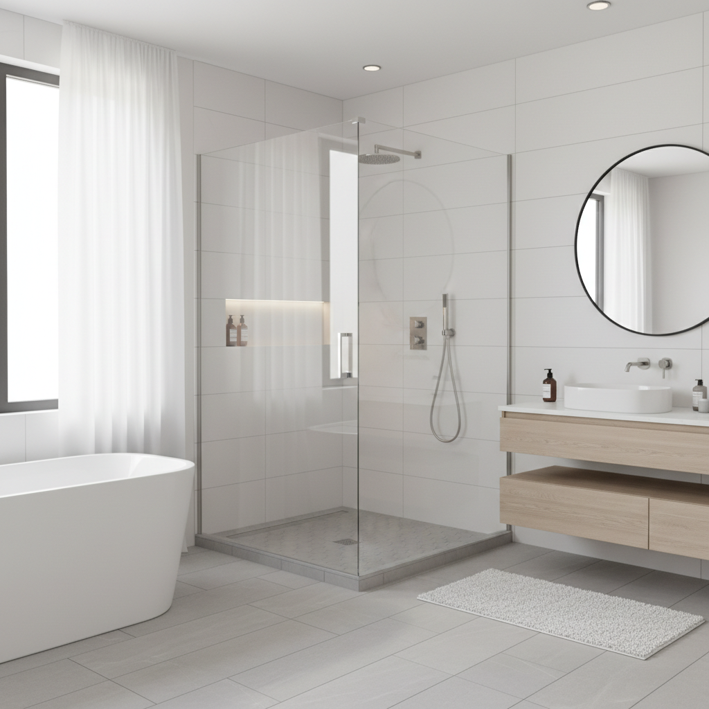Curbless entries provide a seamless, high-end look while ensuring long-term accessibility. Modern walk-in tile shower with curbless entry and frameless glass enclosure in a bright bathroom