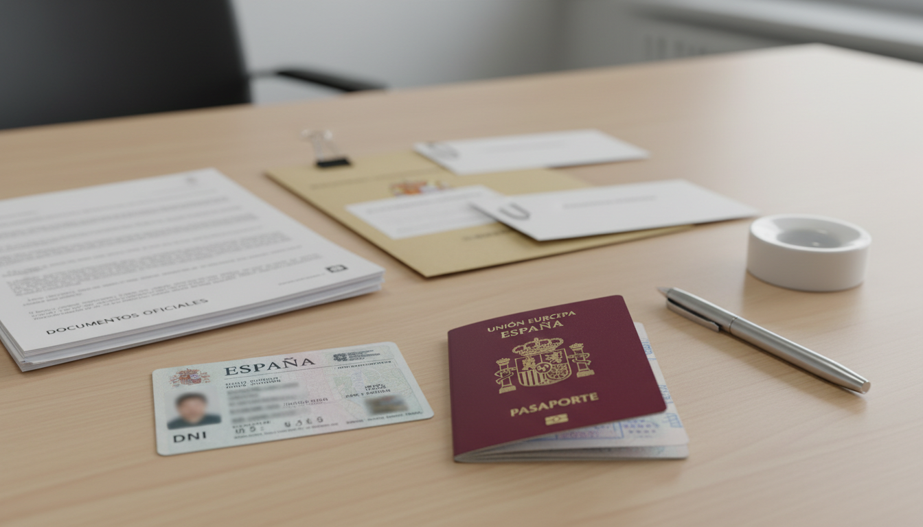 Acreditar los medios económicos suficientes es el pilar fundamental de la Residencia No Lucrativa. Spanish identity card and passport on a desk, representing the documentation and financial proof for residency.