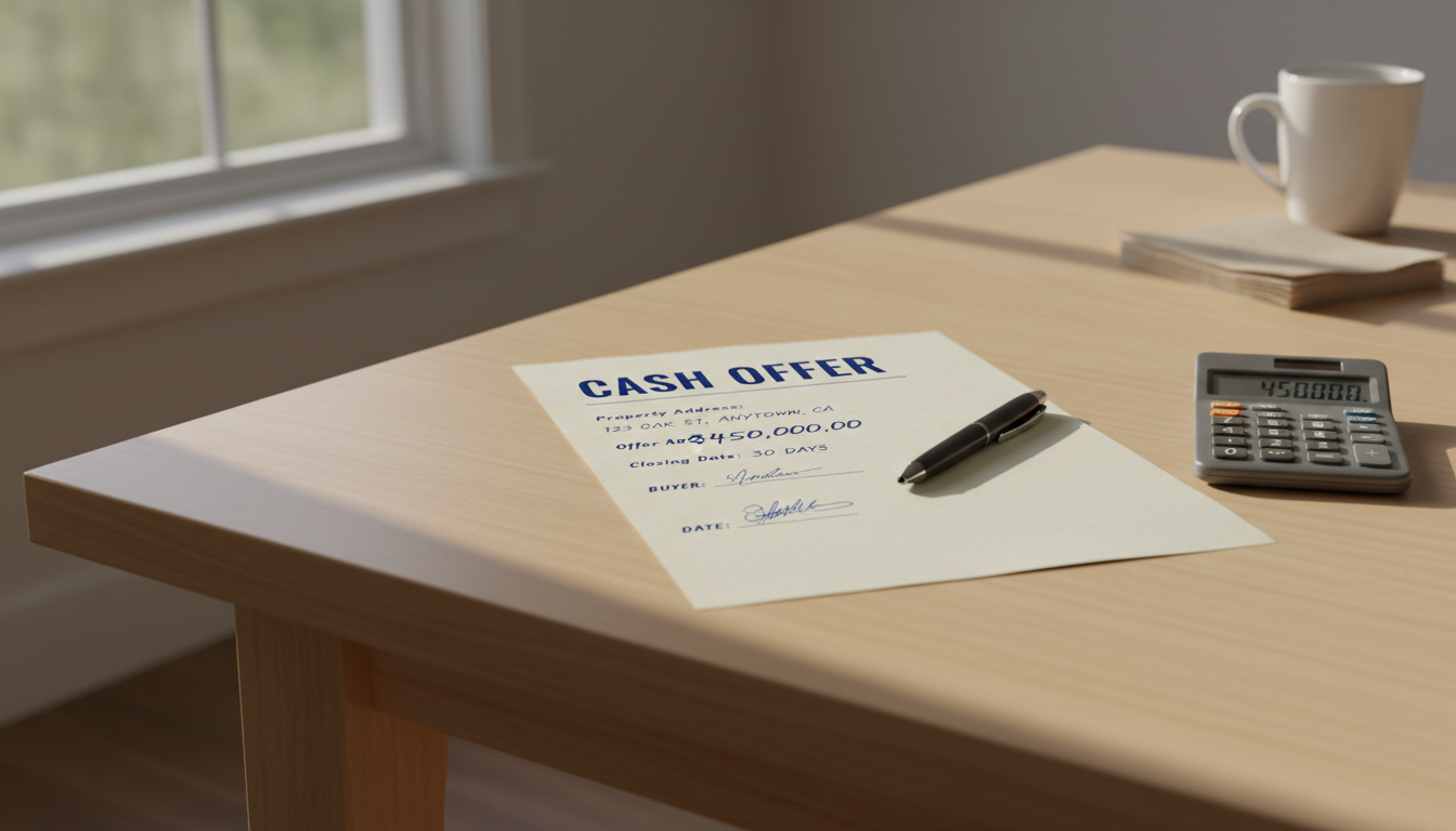 A direct cash offer eliminates commissions and simplifies the closing process for NJ sellers. A handwritten cash offer document and a pen on a wooden table, symbolizing a simplified sale process.