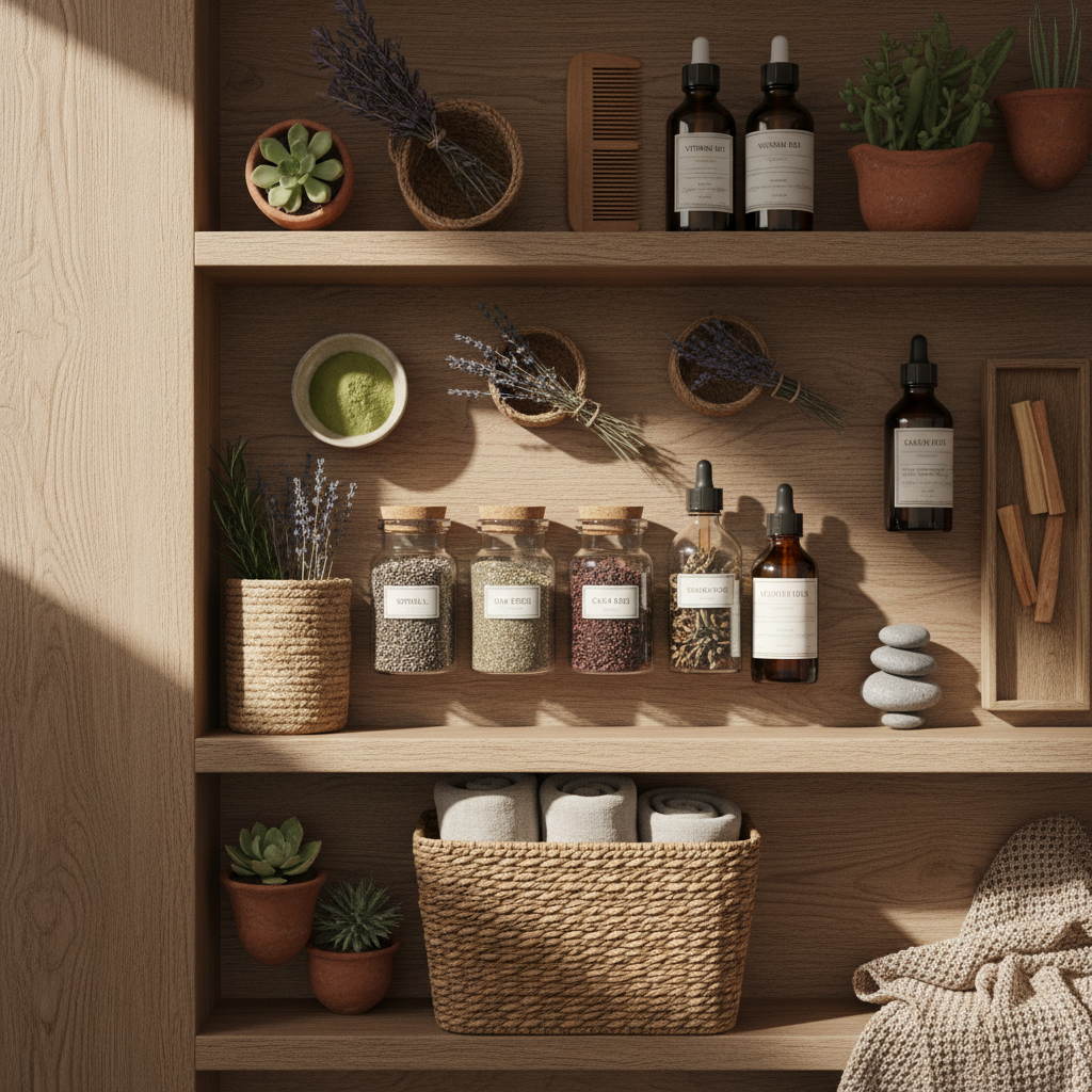 Choosing the right form of magnesium can transform your evening wind-down routine. An organized home wellness shelf featuring glass containers of herbs and natural supplements in soft morning light.