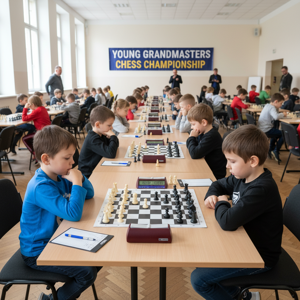 Tournament play is the perfect time to practice scanning for checks, captures, and threats. Children playing in a chess tournament with chess clocks on the tables in a community hall.