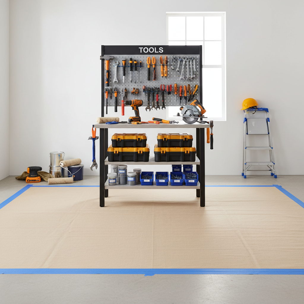 A tidy job site is easier to winterize and monitor during the colder months. A clean and organized renovation area with tools stored neatly, reflecting professional site management during a remodel.