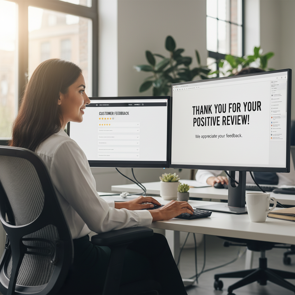 Efficiency improves drastically when all reviews are funneled into a single, organized interface. A customer service professional responding to reviews using a high efficiency dual monitor setup.