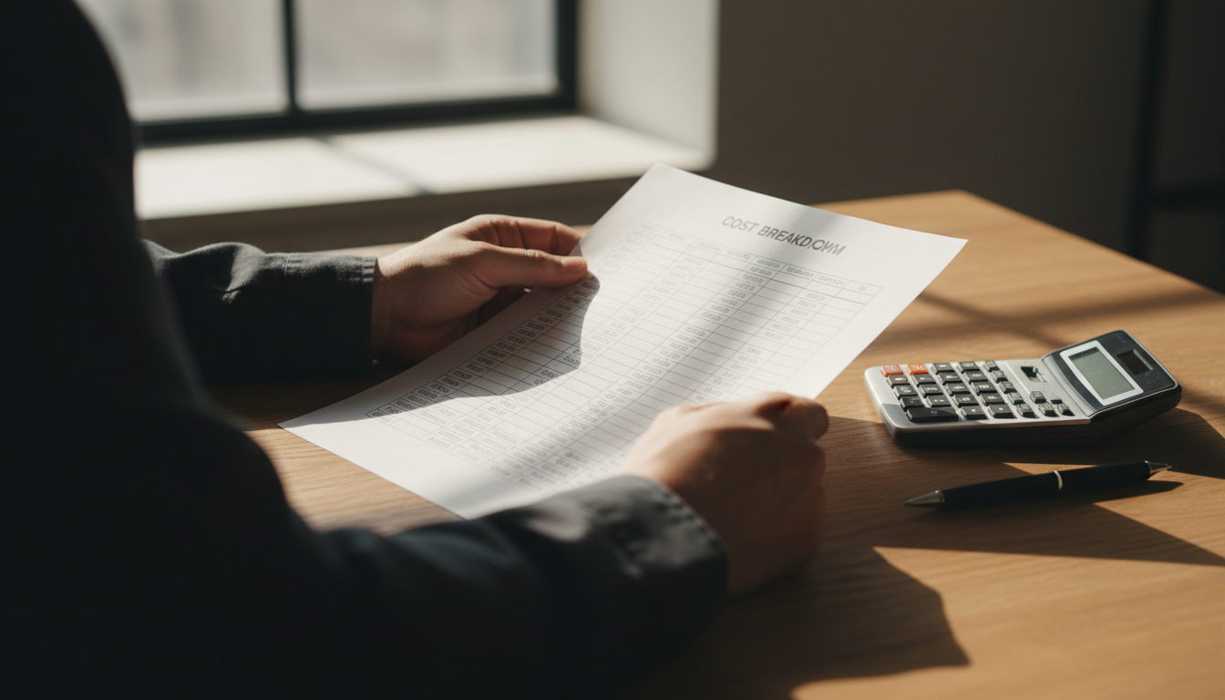 Always look for the 'spread' between the market rate and what your bank actually charges you. Hands reviewing a printed cost breakdown of financial figures on a wooden desk with a calculator nearby.