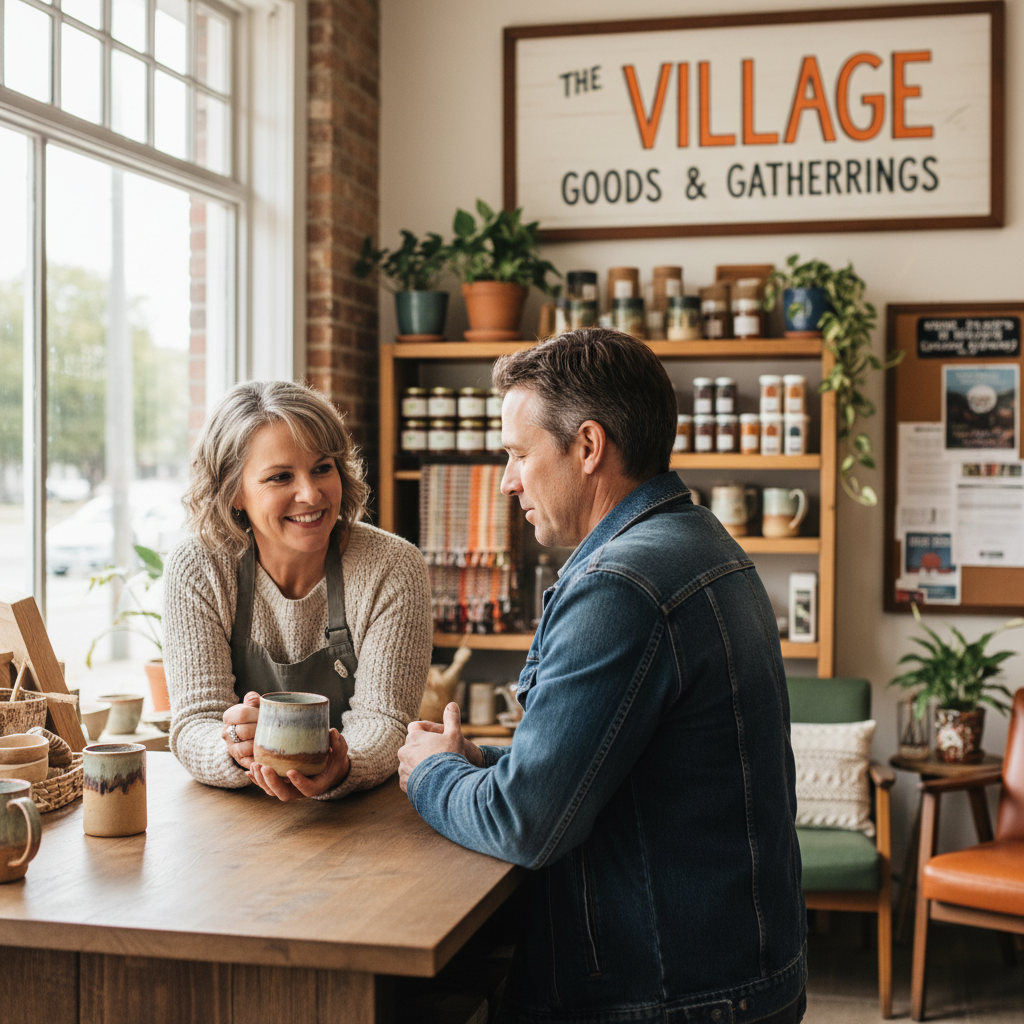 Sometimes the best gift ideas come from a conversation with a local expert who knows their inventory. A shop owner and customer in a retail environment discussing a product with genuine interest.