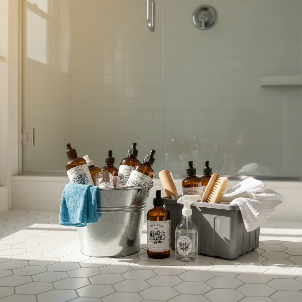 Having the right tools is essential for tackling stubborn bathroom grout and tile. A professional cleaning kit with bottles and microfiber cloths sitting on a clean white tiled bathroom floor.