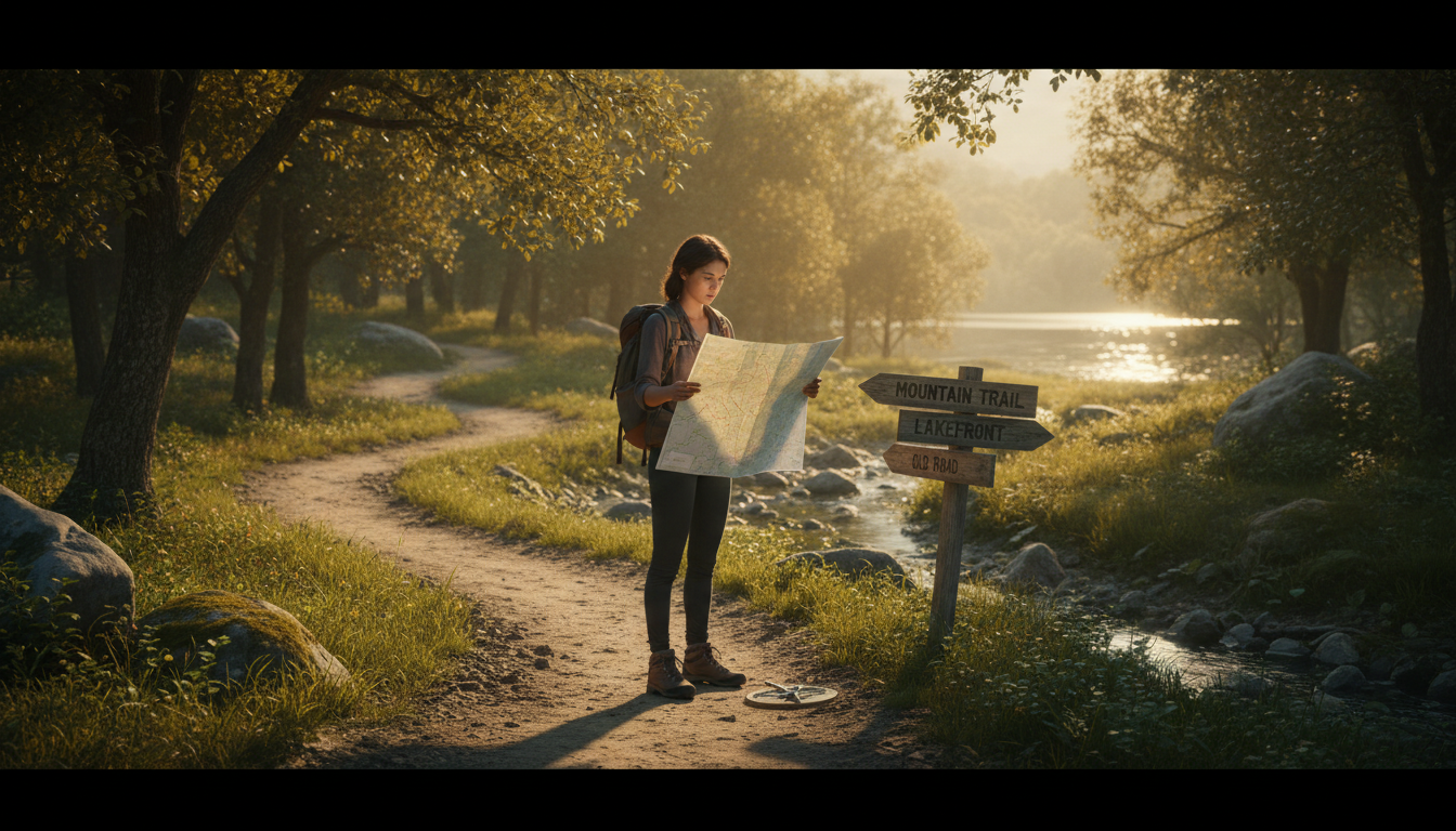 Navigating the AI revolution requires the right direction and a commitment to personal growth. A person standing at a crossroads in nature holding a map and compass in warm golden light.