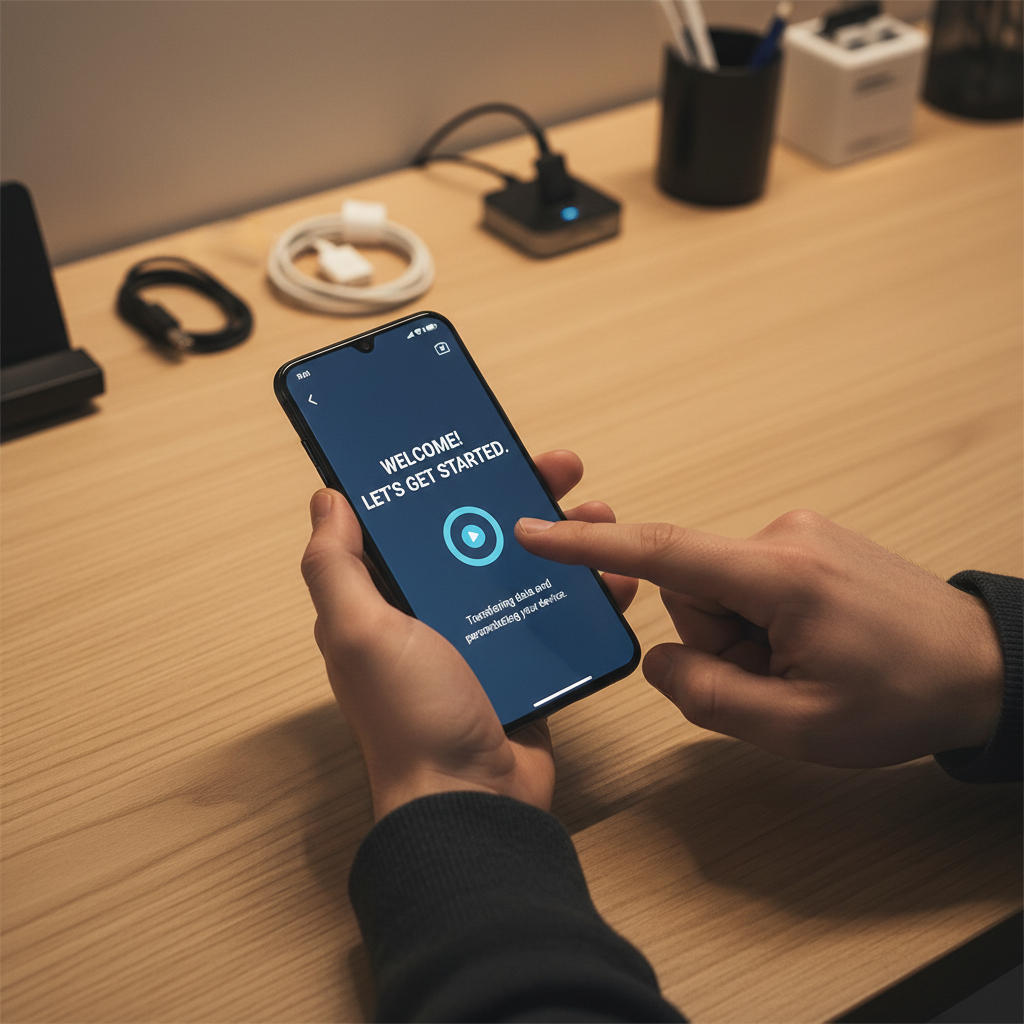Most modern Android phones use a simple step-by-step wizard to move your apps and photos. Close up of hands tapping a smartphone screen during a data transfer process at a service counter.