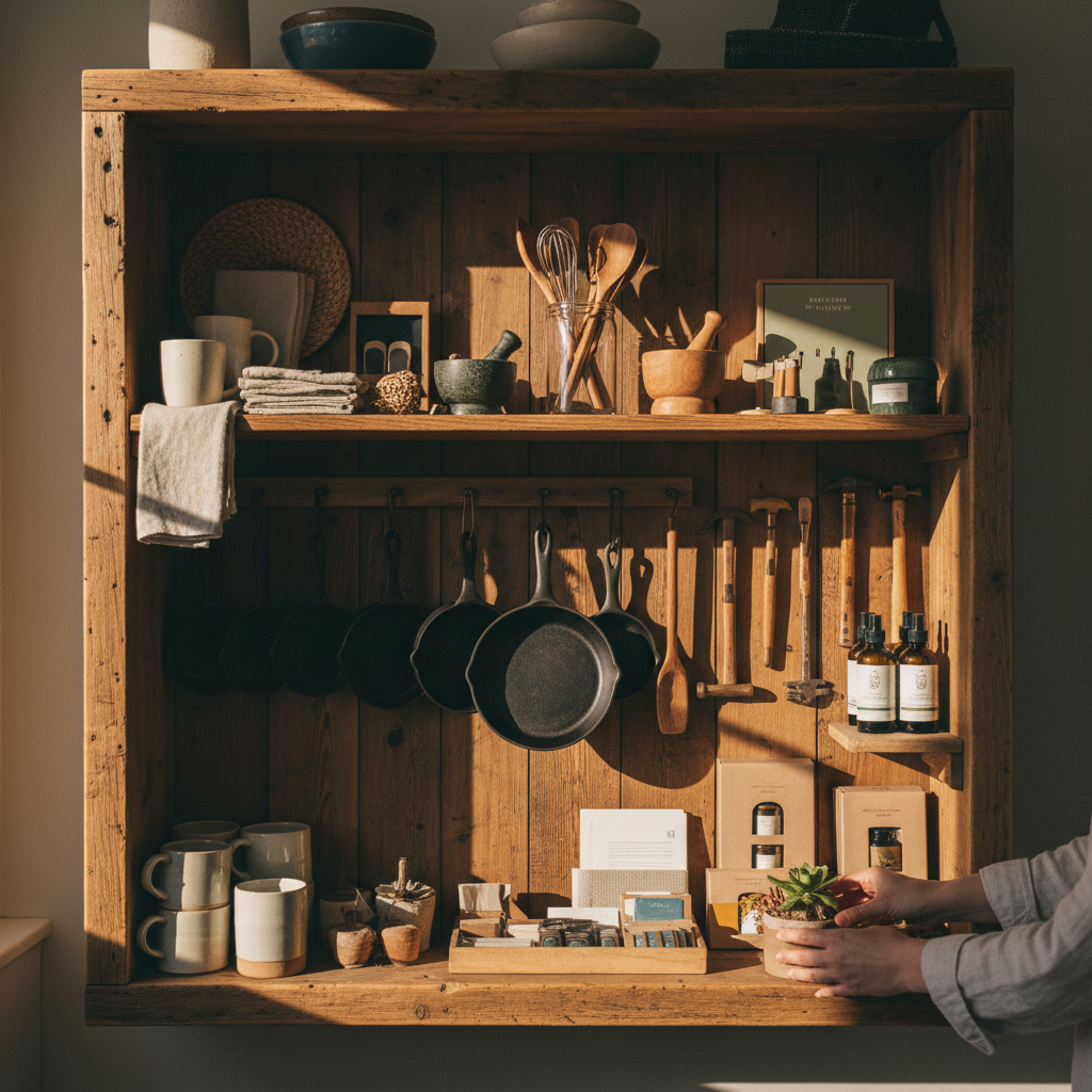 Our curated selection ensures you find exactly what you need without the clutter. Hands adjusting curated products on a wooden retail shelf in a warm, inviting store.