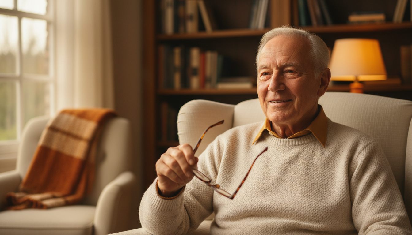 Starting your Medicare journey early provides lasting peace of mind. A man in his 70s smiling contentedly in an armchair, representing the peace of mind that comes with proper Medicare planning.