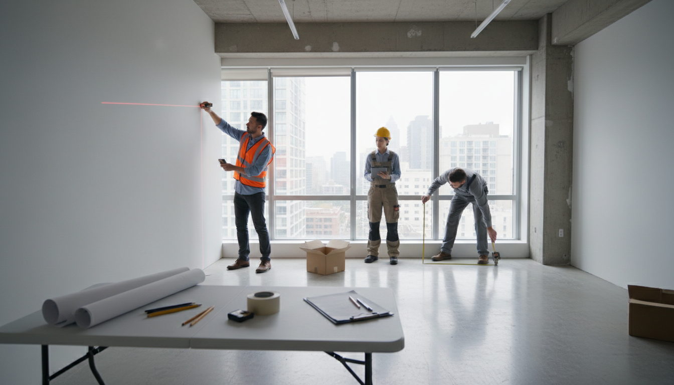 Accurate space planning is vital to securing the Occupant Density Certification required by PEZA. A professional team measuring office dimensions to ensure workstation density meets PEZA space requirements.