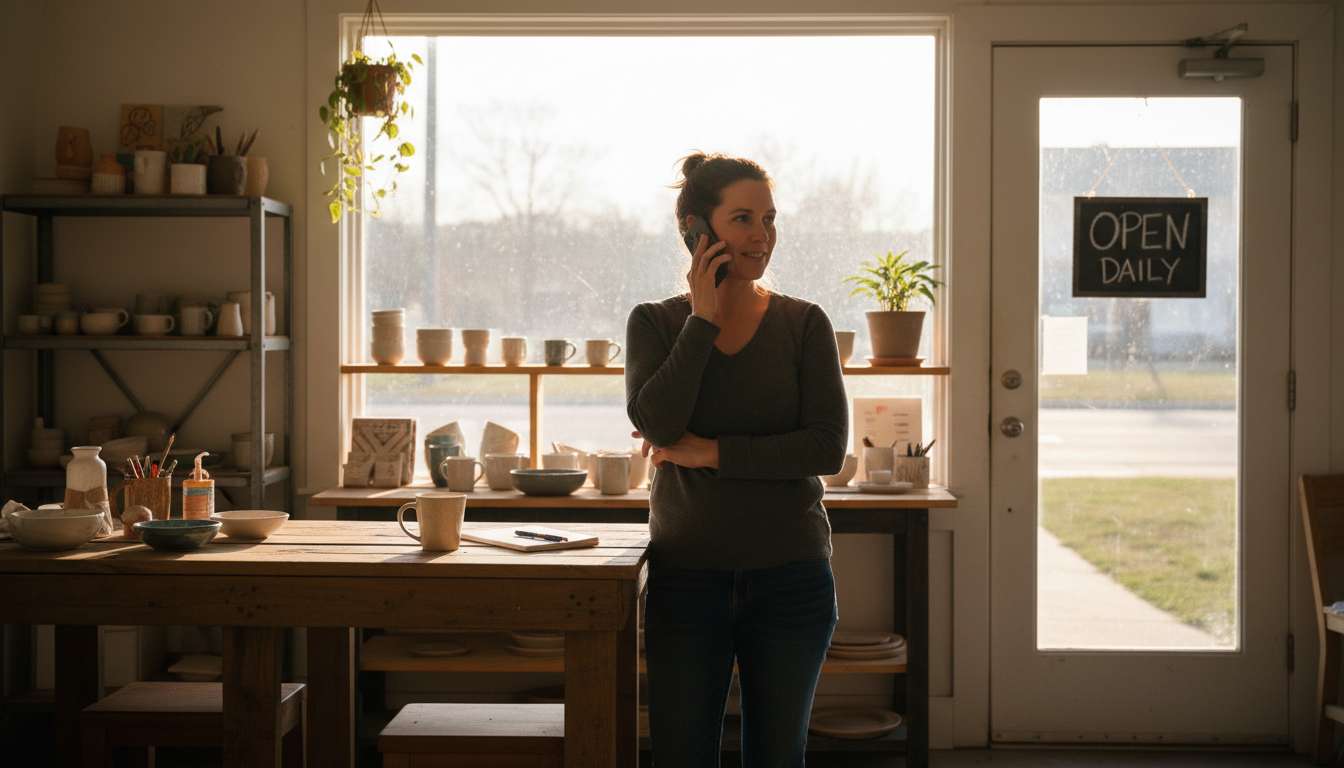 Focus on running your business while your managed Wi-Fi provider handles the technical details. A small business owner talking on the phone near their shop counter in a bright, natural light environment.