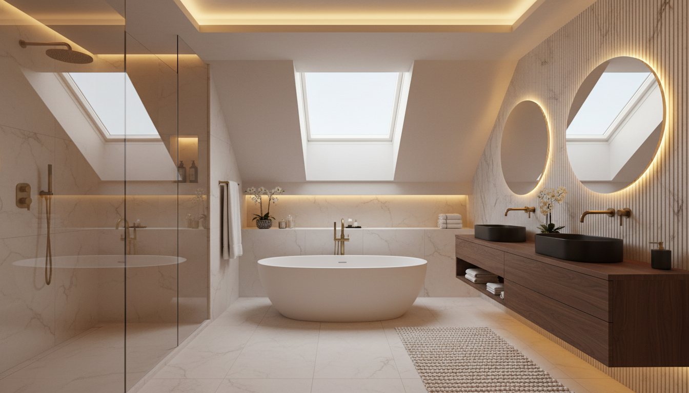 Smart lighting integration creates the perfect atmosphere in high-end bathroom renovations. A luxury bathroom interior with warm ambient lighting showcasing integrated smart home lighting control.