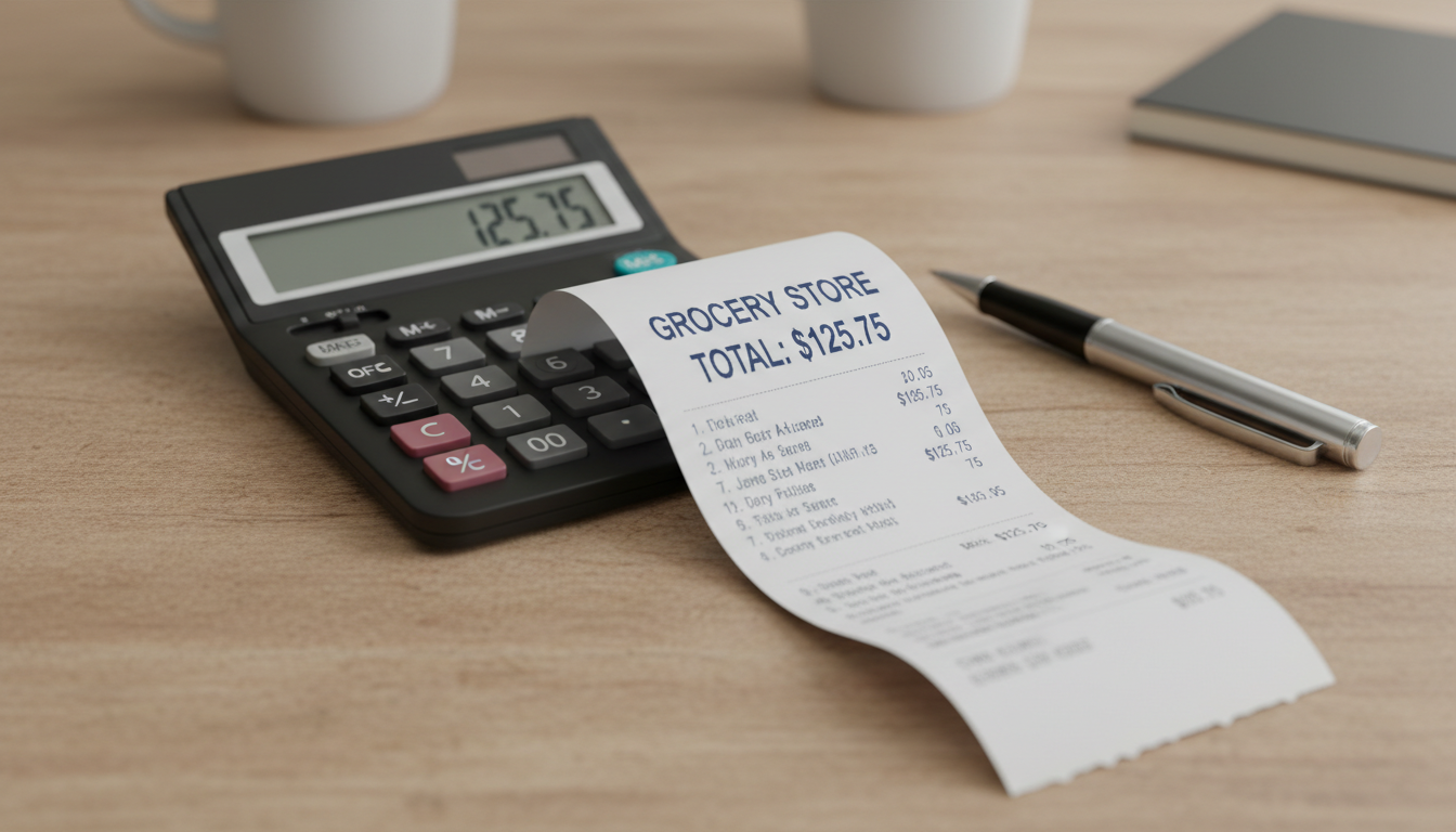 Small consumer purchases on credit cards can quickly accumulate into significant bad debt. Overhead view of a store receipt and a calculator on a wooden desk, symbolizing consumer spending and high-interest debt.