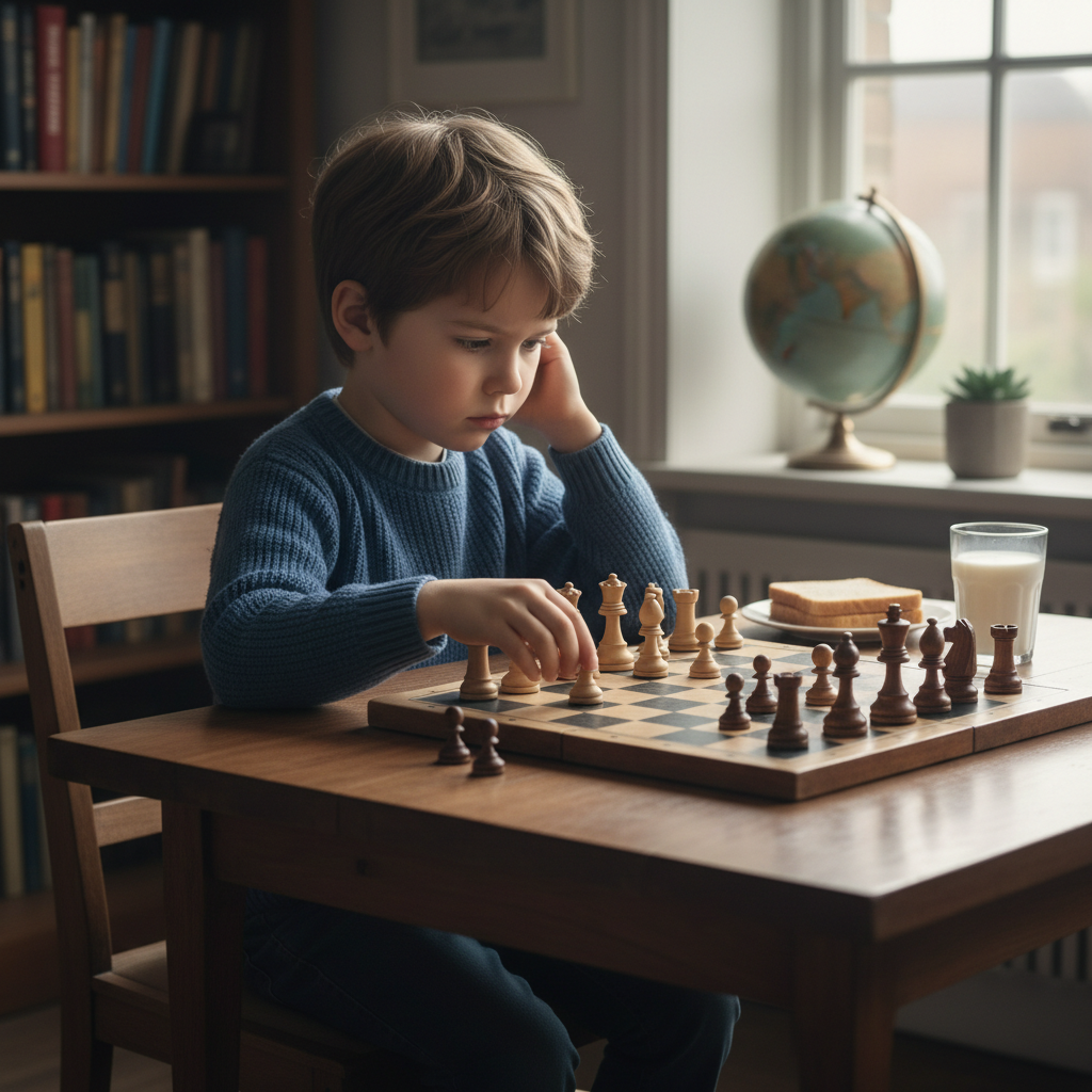 The focus developed at the chess board often translates to improved concentration in school. A child in deep concentration, resting their chin on their hands while studying the chess board.