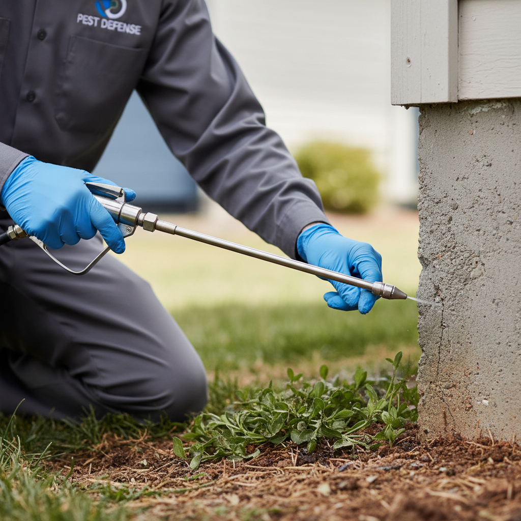 Professional-grade treatments create a protective barrier around your home's perimeter. Close up of a technician applying a liquid treatment to the corner of a residential foundation.