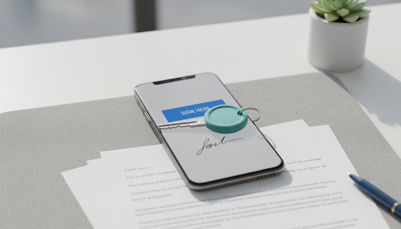 Con Firma por SMS, comprador y vendedor firman desde donde estén, sin coincidir. Llave de moto sobre smartphone mostrando interfaz de firma digital con documentación de fondo