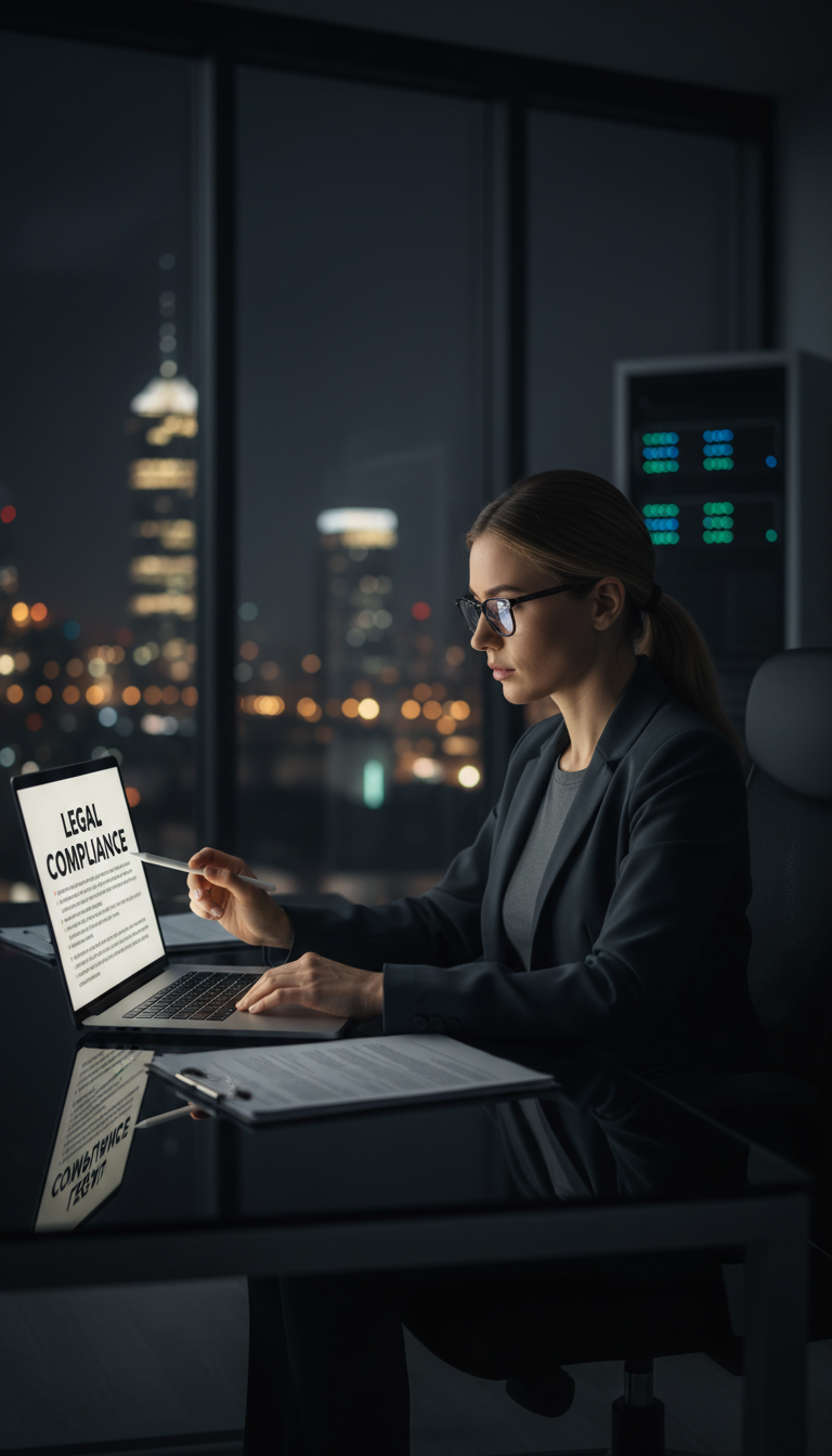 Manual takedowns are legal actions that require human verification and specific documentation. A cybersecurity professional in a dark office reviewing legal copyright documents on a laptop.