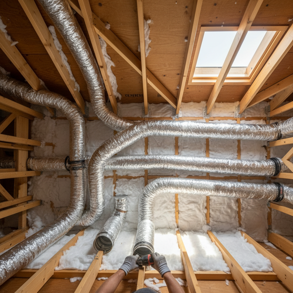 Maintaining the integrity and cleanliness of your home's ductwork ensures your furnace and AC operate at peak efficiency. Overhead view of residential flexible ductwork being installed in a clean attic space with white insulation.