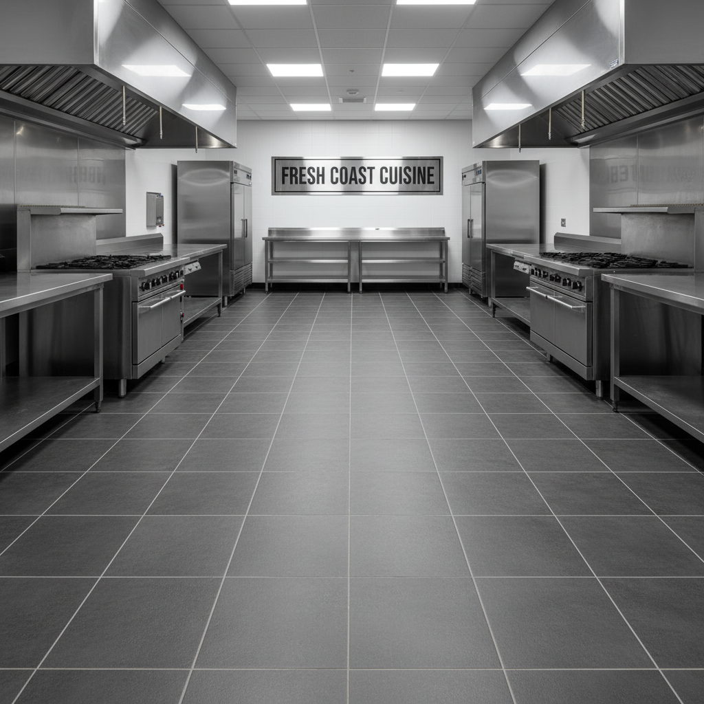 Durable tile is an excellent choice for high traffic and moisture prone areas like kitchens. A wide shot of a modern kitchen featuring dark gray textured tile flooring and stainless steel equipment.