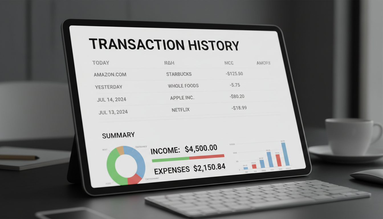 Verified accounts provide the transaction volume necessary for growing digital businesses. Digital tablet displaying comprehensive financial transaction history and summary data for a business account.