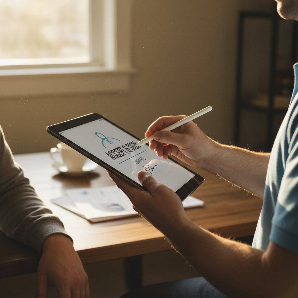 Modernizing the collection process at the point of service reduces the gap between reporting and collection. A customer signing a tablet held by a service provider inside a home, showing immediate billing.