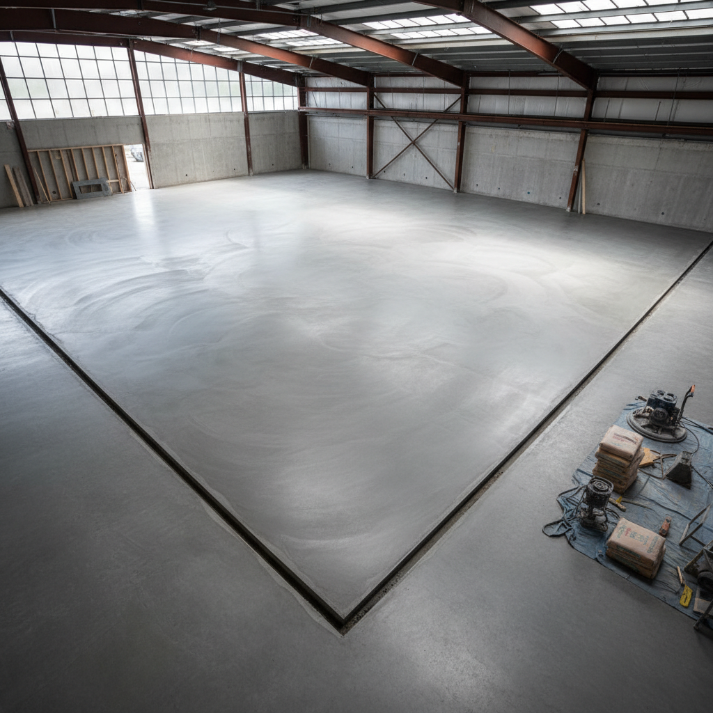 Proper grading and drainage are the first lines of defense against freeze thaw damage. Overhead view of a commercial concrete floor showing proper slope and grading to prevent water pooling.