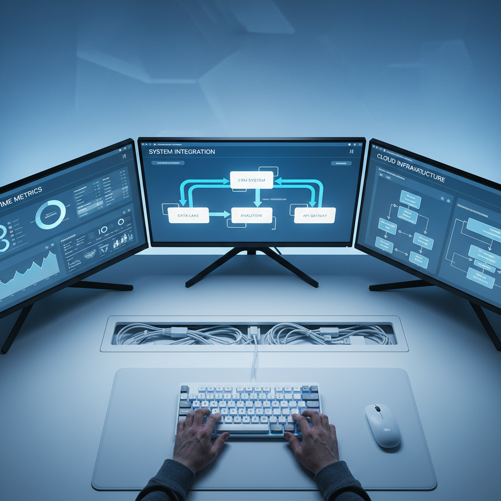 Modern ERP systems connect disparate tools into a single, efficient operation. Technical workspace showing multiple monitors with software integration architecture and data flow diagrams.