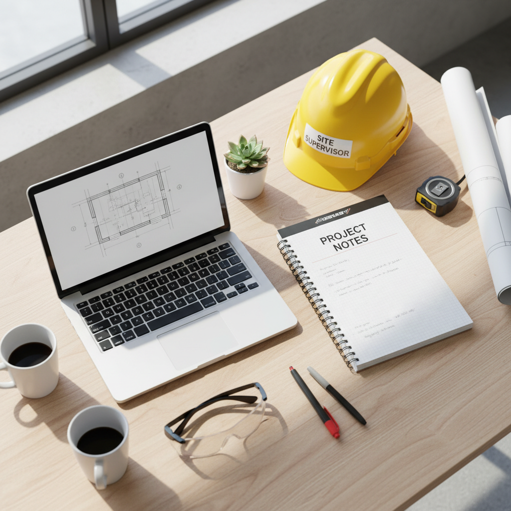 Choosing between a shell build-out and new construction determines your total capital expenditure. An organized construction site office desk with a laptop, hard hat, and project notes.