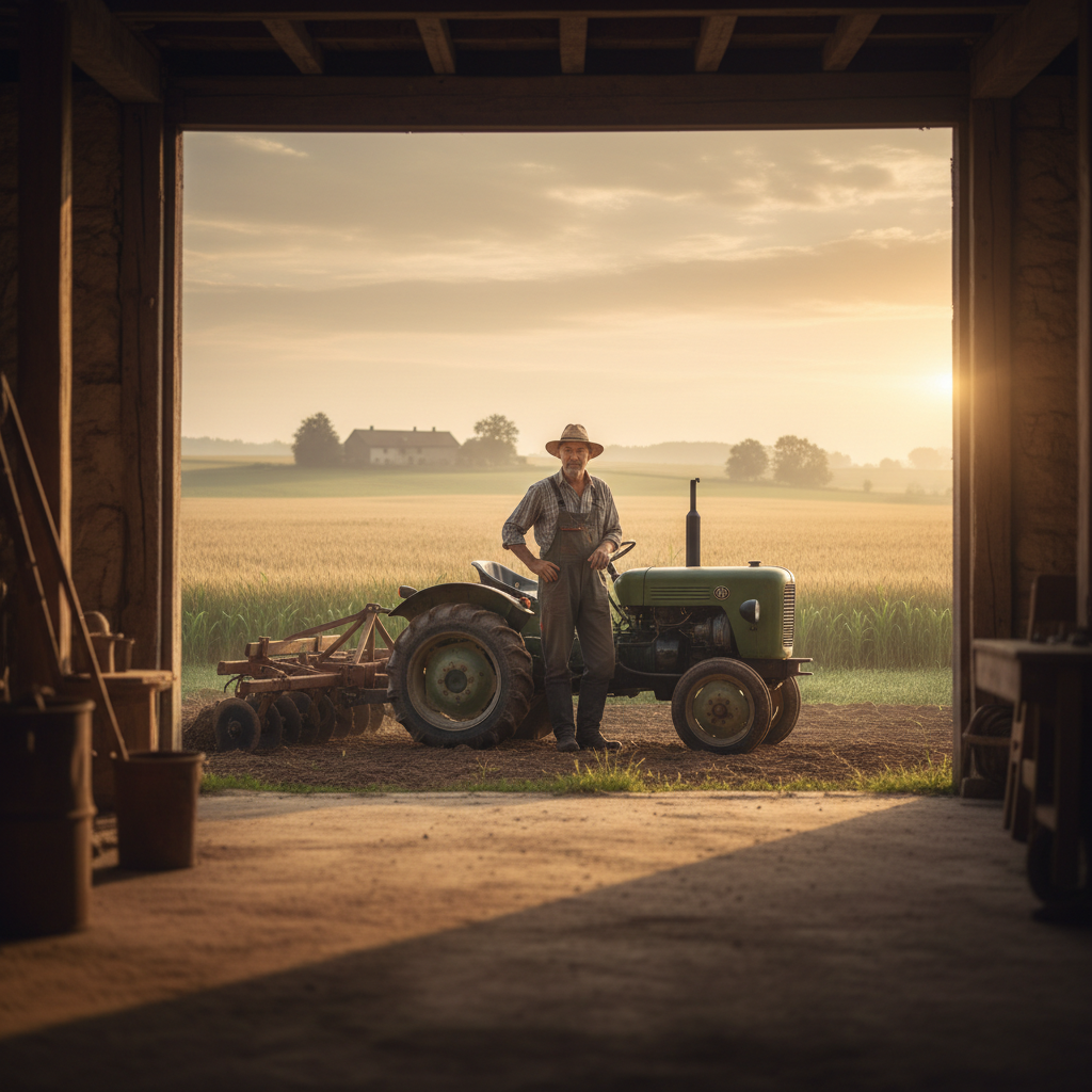Agricultural tools require rigorous lubrication schedules to withstand field dust and heavy use. A farmer standing next to a compact tractor in the soft morning light of a barn.