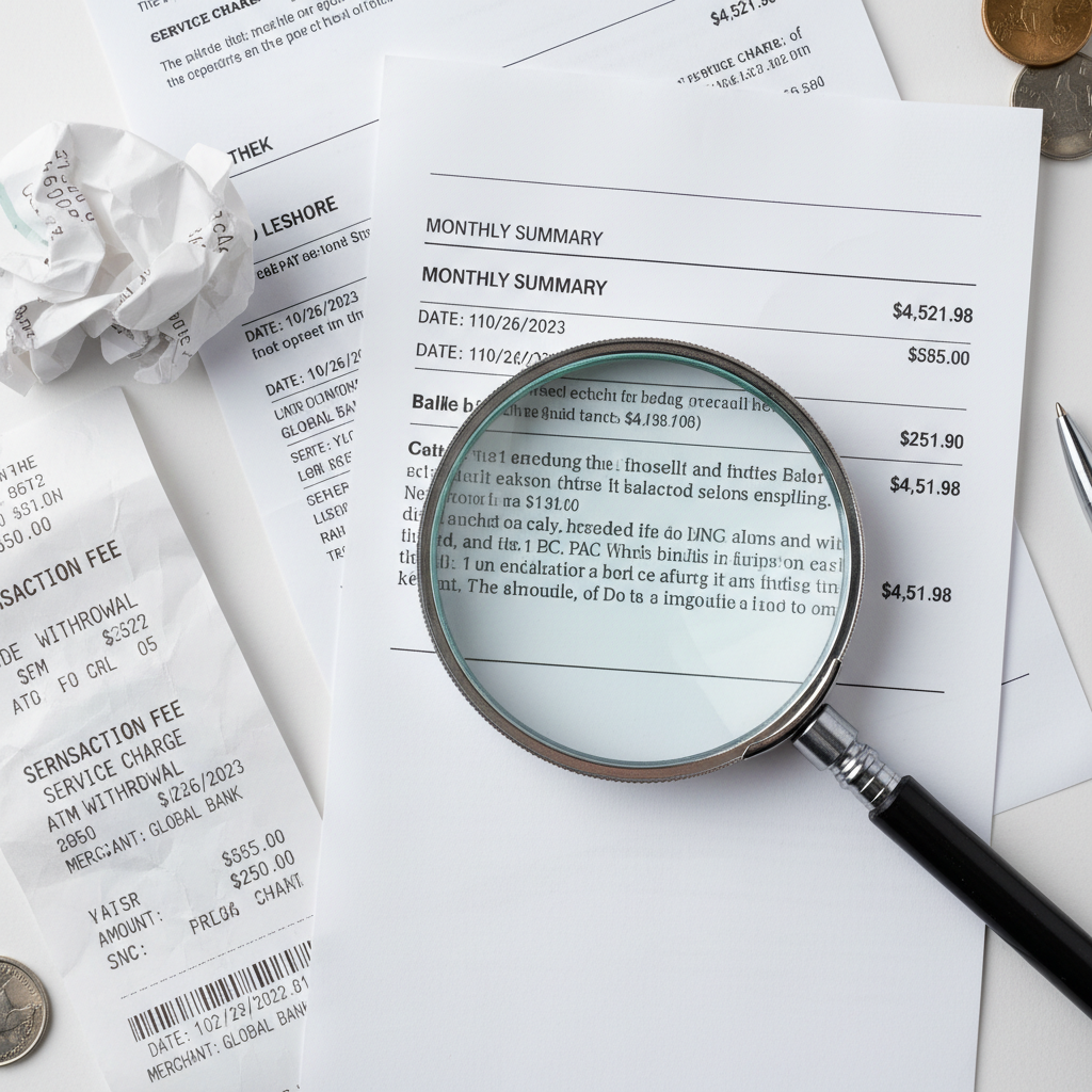 Always inspect the spread between the bid and ask price to find hidden costs. A magnifying glass inspecting the fine print on a bank statement with receipts nearby.