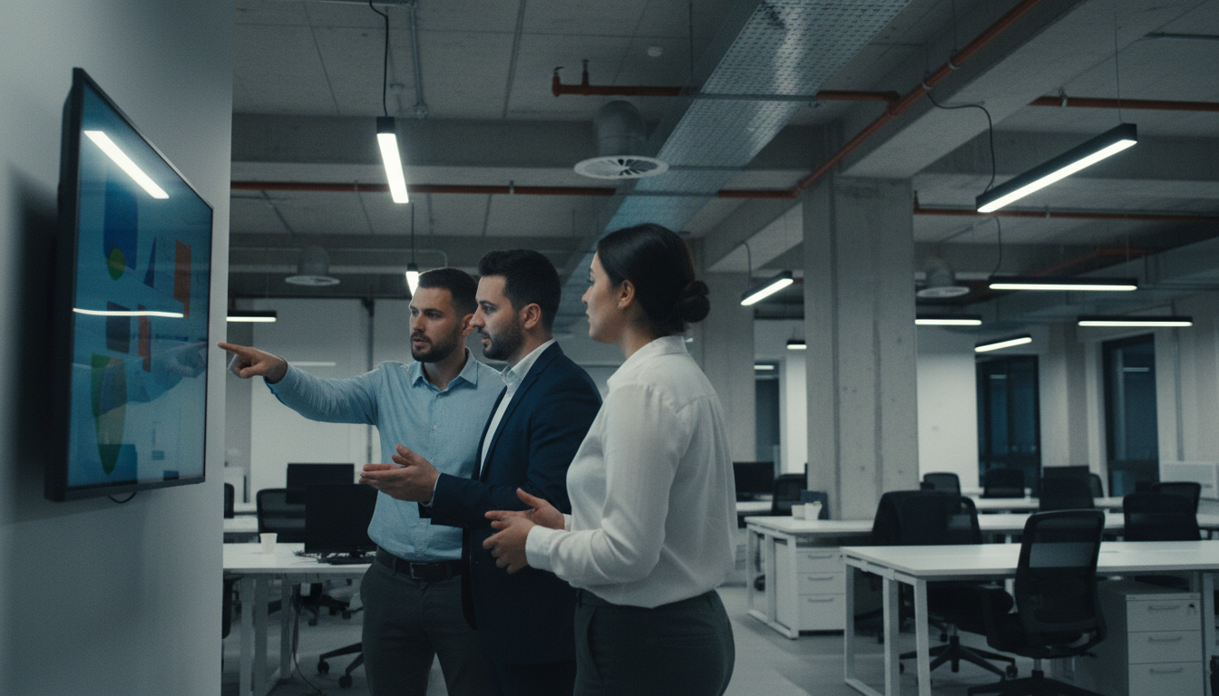 The first 90 days focus on diagnostic audits and aligning media intelligence processes (MIPO). A media monitoring team huddled around a monitor discussing analytics in a modern office.