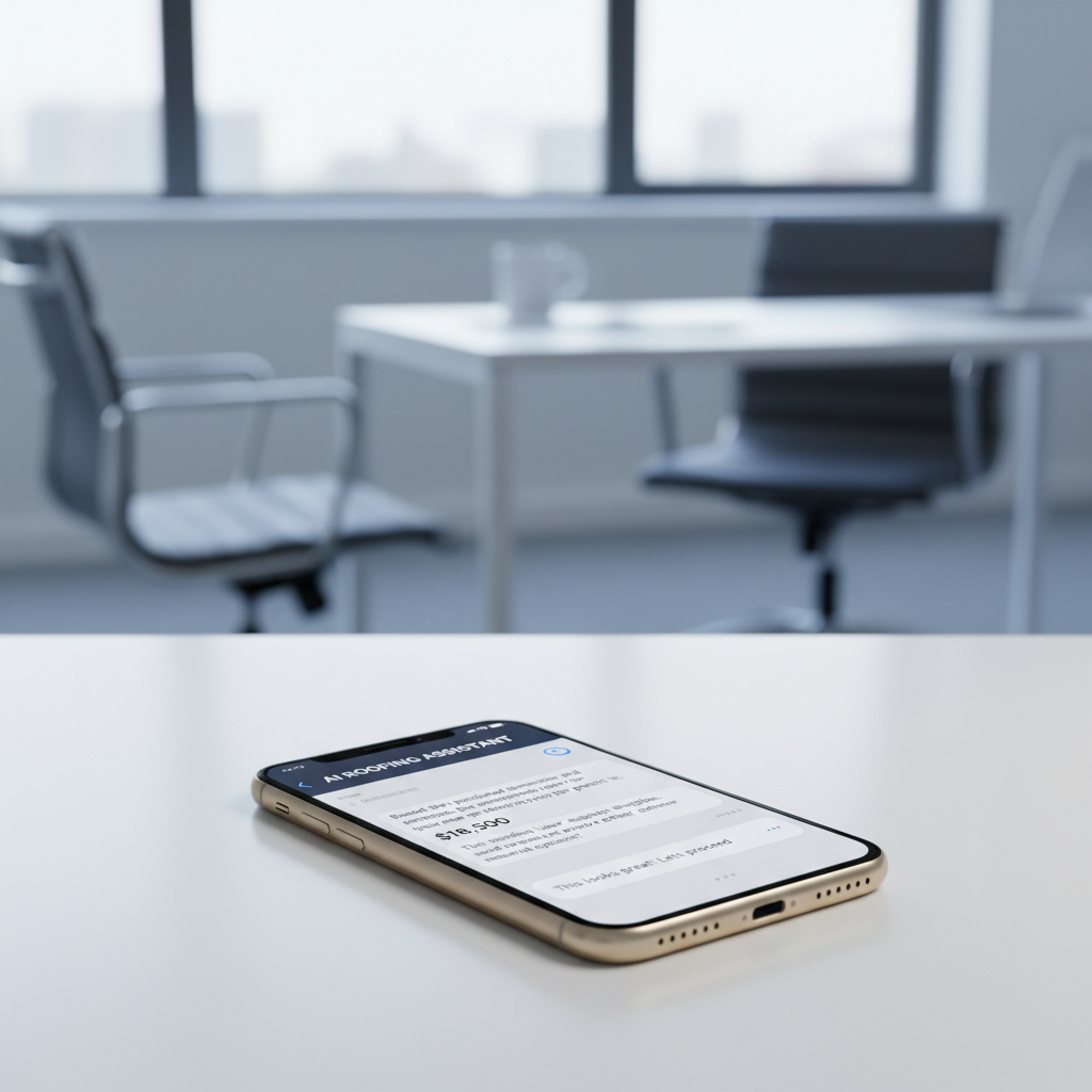 Instant responses on mobile turn missed calls into booked appointments around the clock. A smartphone displaying an AI chat interface providing an instant quote for a roofing inquiry.