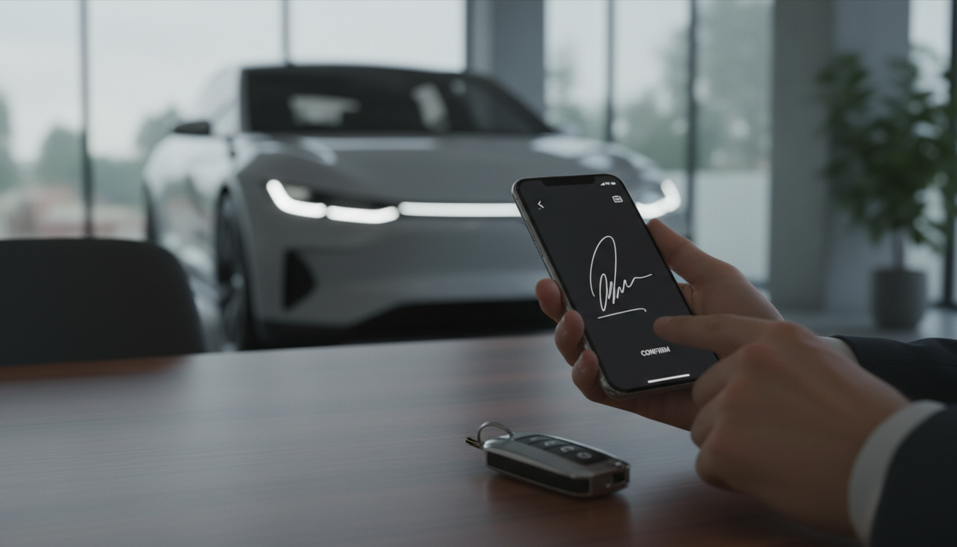 La firma por SMS permite transferir tu vehículo desde cualquier lugar de España sin citas previas. Persona firmando digitalmente el contrato de compraventa de un vehículo mediante su smartphone con llaves de coche al lado