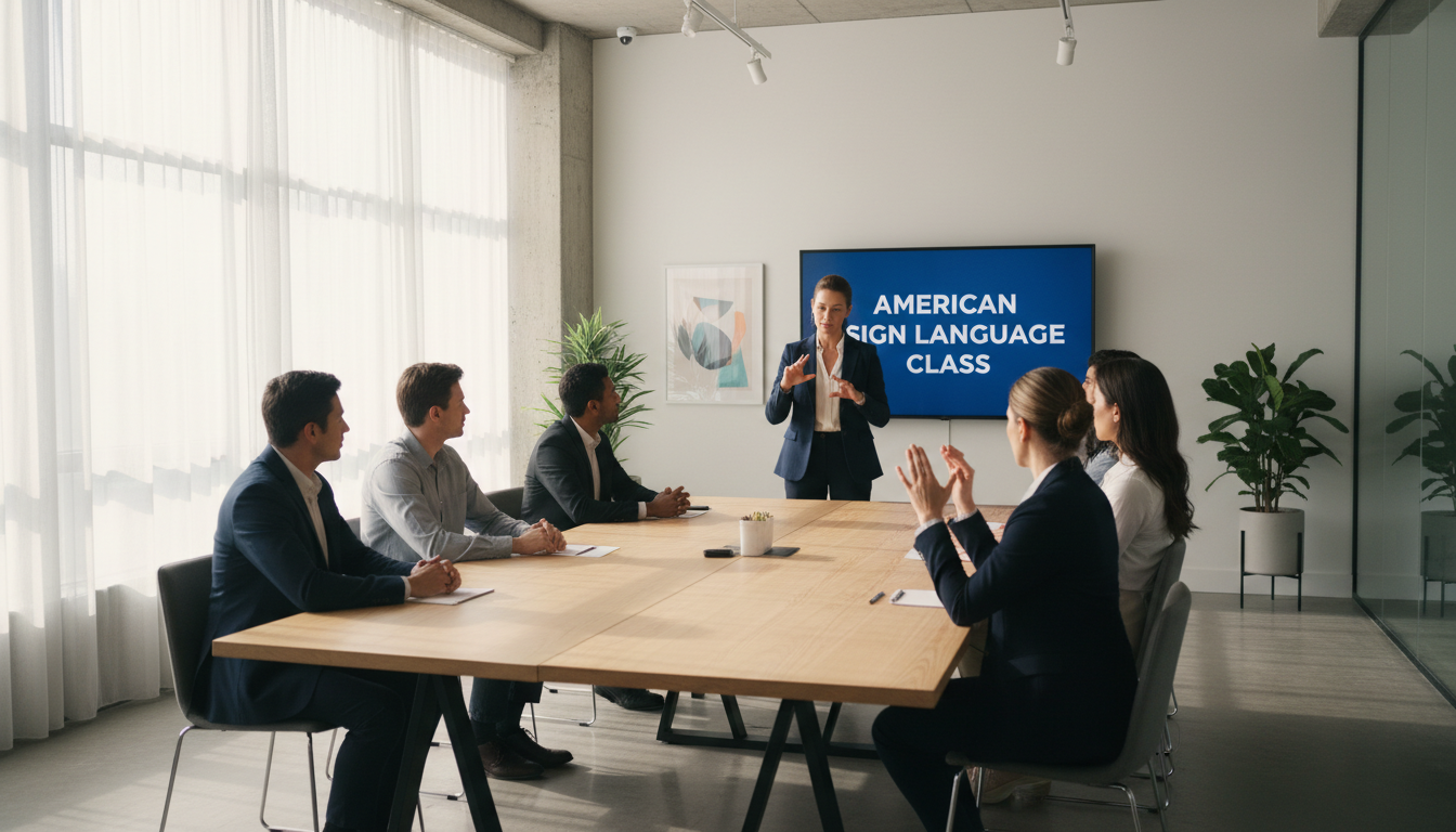 Closing the gap between patient arrival and interpreter arrival through foundational staff training. A professional American Sign Language instructor teaching a group of adult learners in a modern office with natural lighting.