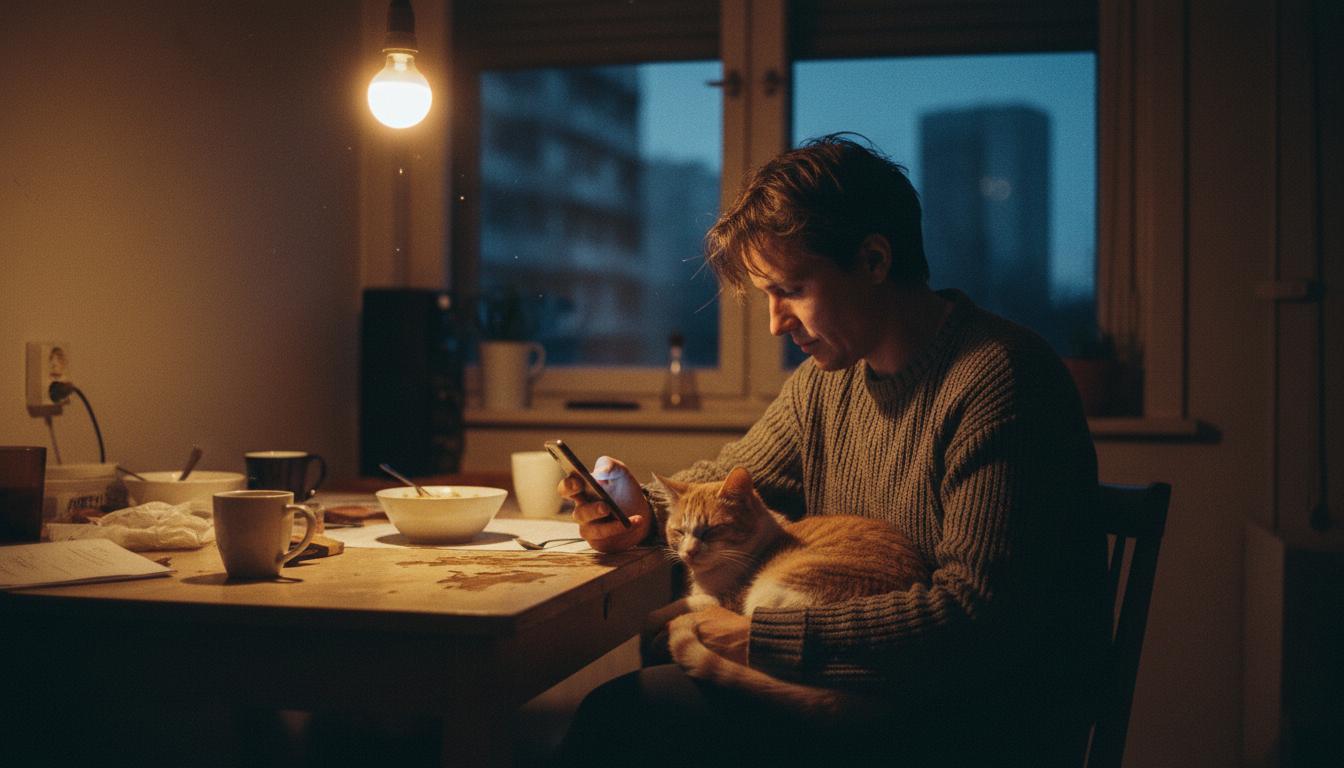 For many, pets are a source of resilience and emotional support during difficult transitions. A person sitting at a table with a cat on their lap, looking at a phone in warm light.