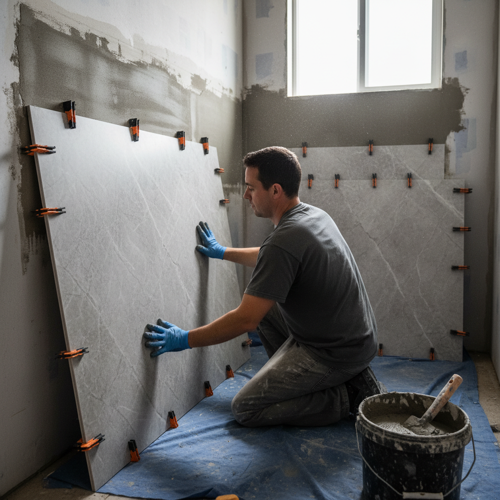 Large format tiles are a top trend for 2026, offering a sleek look with fewer grout lines. A professional installer using a leveling system to lay large format porcelain tiles on a wall.