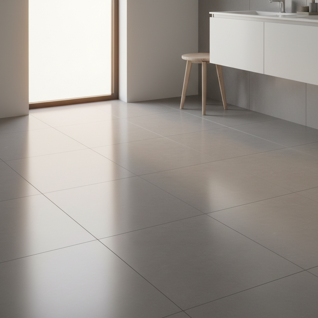 Large-format porcelain tiles are excellent conductors for underfloor heating systems. Large format soft gray porcelain tiles in a modern bathroom, ideal for heat conductivity.
