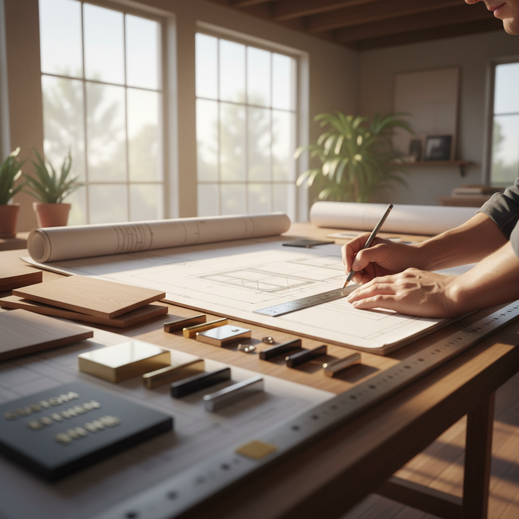 Every custom storage solution begins with a detailed sketch tailored to your specific bathroom layout. Designer sketching custom cabinet layouts on a drafting table with technical drawings and wood samples.