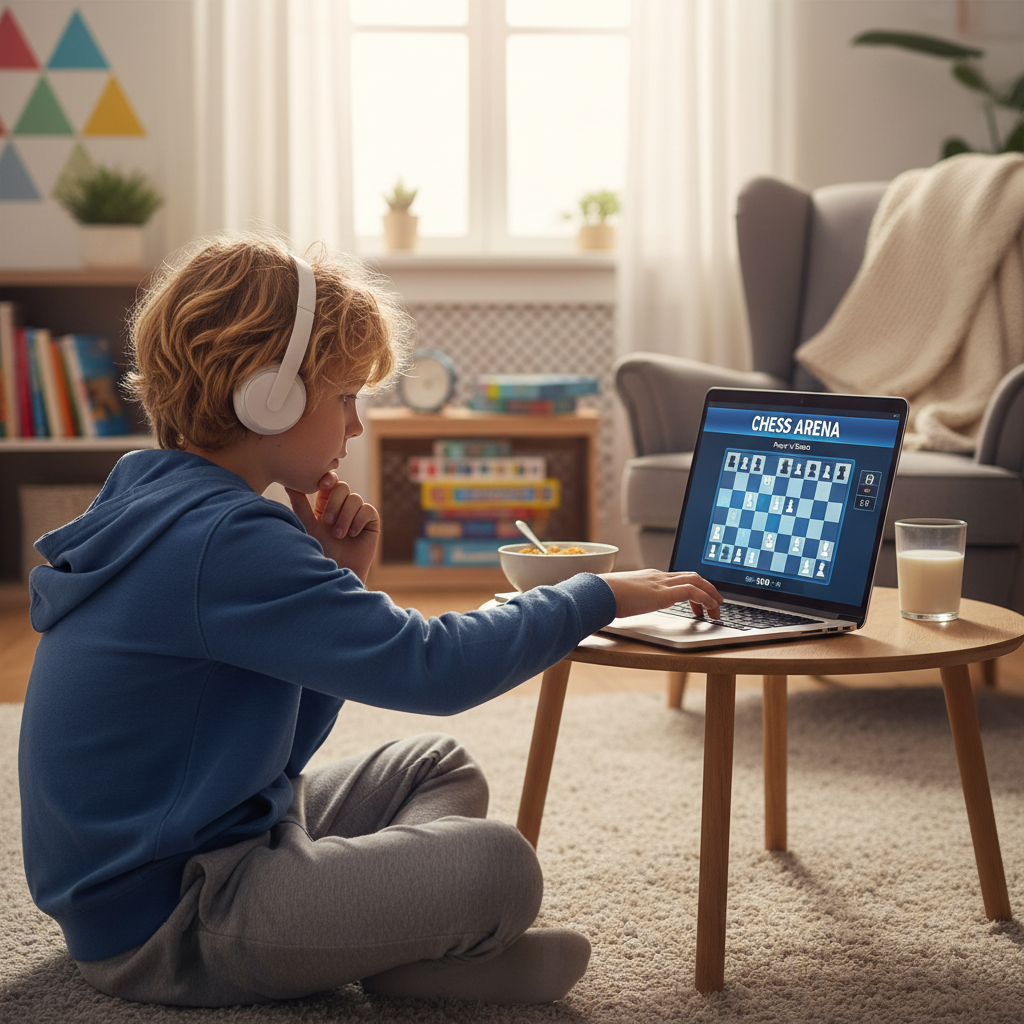Online puzzles are a great way for kids to reinforce the tactics they learn at the club. A child playing chess online using a laptop at home to practice tactical puzzles.