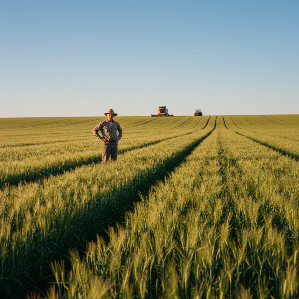 Alternative forages like teff provide high biomass with significantly lower water requirements. A farmer standing in a thriving green grain field at mid-growth stage during the golden hour.