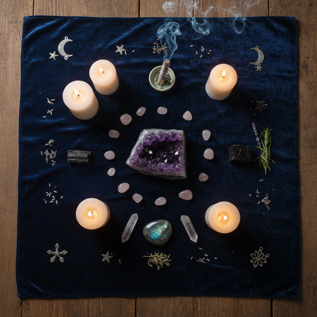 Niche ebooks require specialized curation to ensure the information is both authentic and actionable. Candles and crystals arranged for a ritual on a dark cloth, symbolizing niche specialized knowledge.