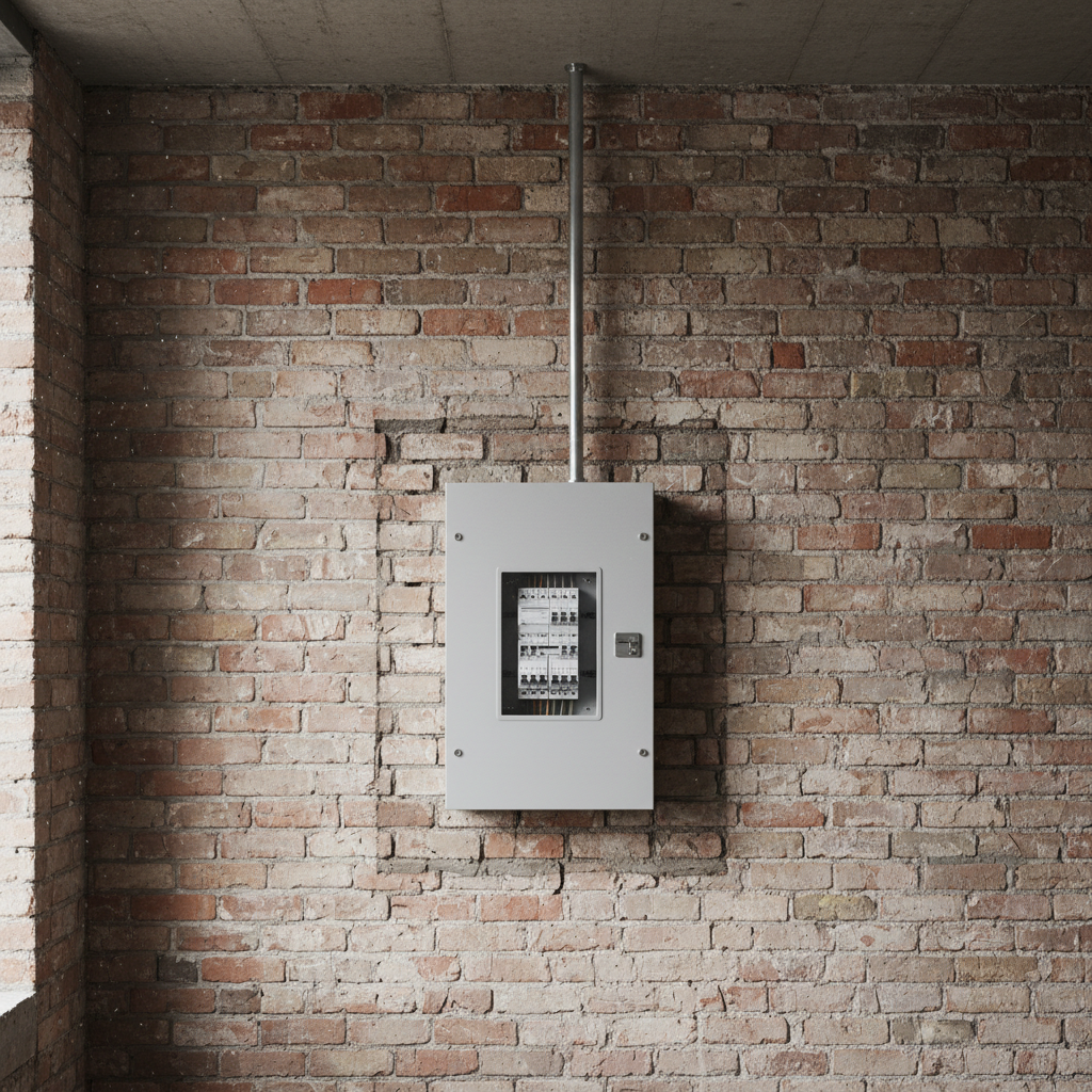 A modern 200-amp panel upgrade ensures your home can handle solar input and future EV charging needs. A newly installed clean gray electrical panel on a brick wall, ready for high-load solar integration.