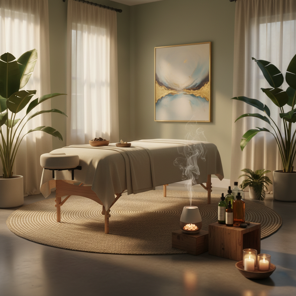 Arriving relaxed and prepared sets the tone for a more effective session. Tranquil massage studio with soft diffused lighting and essential oil diffuser creating a calming pre-session environment