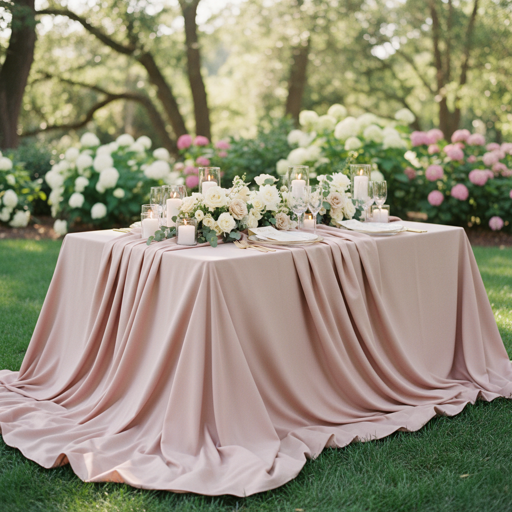For outdoor weddings, the weight and drape of your fabric choice are critical for a polished look. Outdoor wedding table with a flowing blush tablecloth draped elegantly over the sides.