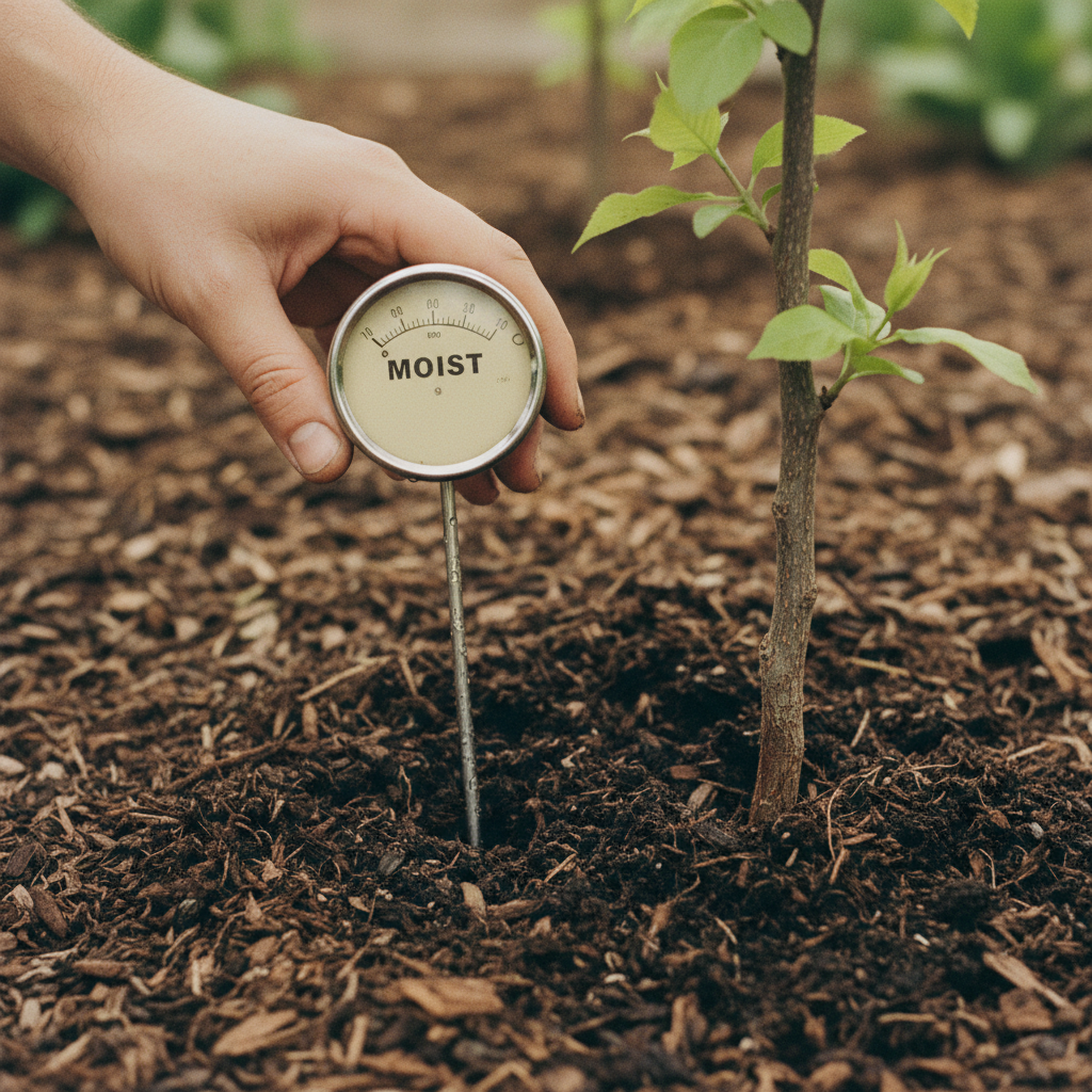 Precise testing and monitoring prevent the common mistake of over-amending Utah soil. A hand holding a soil moisture meter inserted into garden soil next to a new tree.